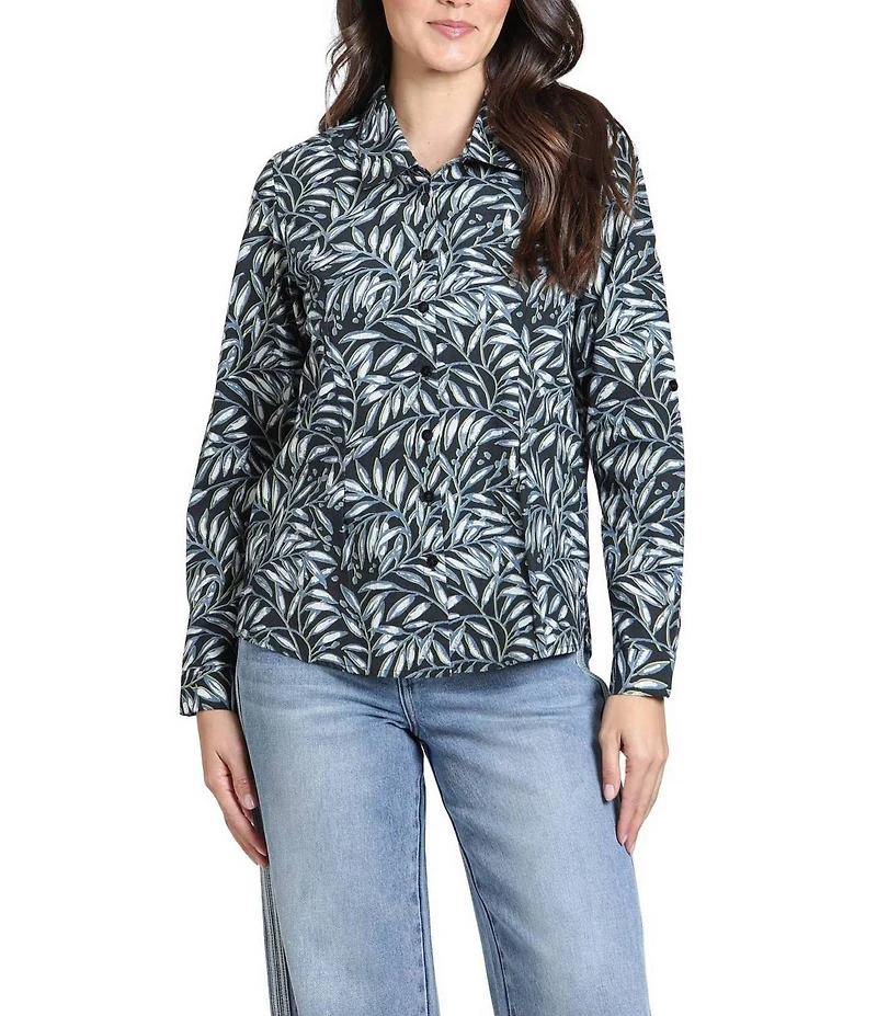 APNY Lightweight Woven Botanical Leaf Print Point Collar Long Sleeve Button-Up Shirt