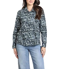 APNY Lightweight Woven Botanical Leaf Print Point Collar Long Sleeve Button-Up Shirt