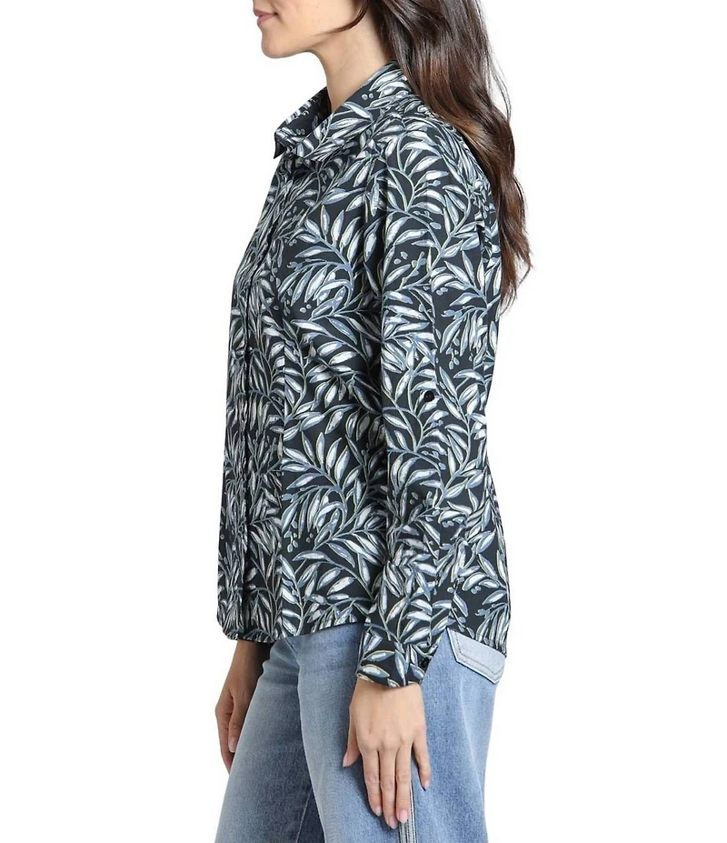 APNY Lightweight Woven Botanical Leaf Print Point Collar Long Sleeve Button-Up Shirt