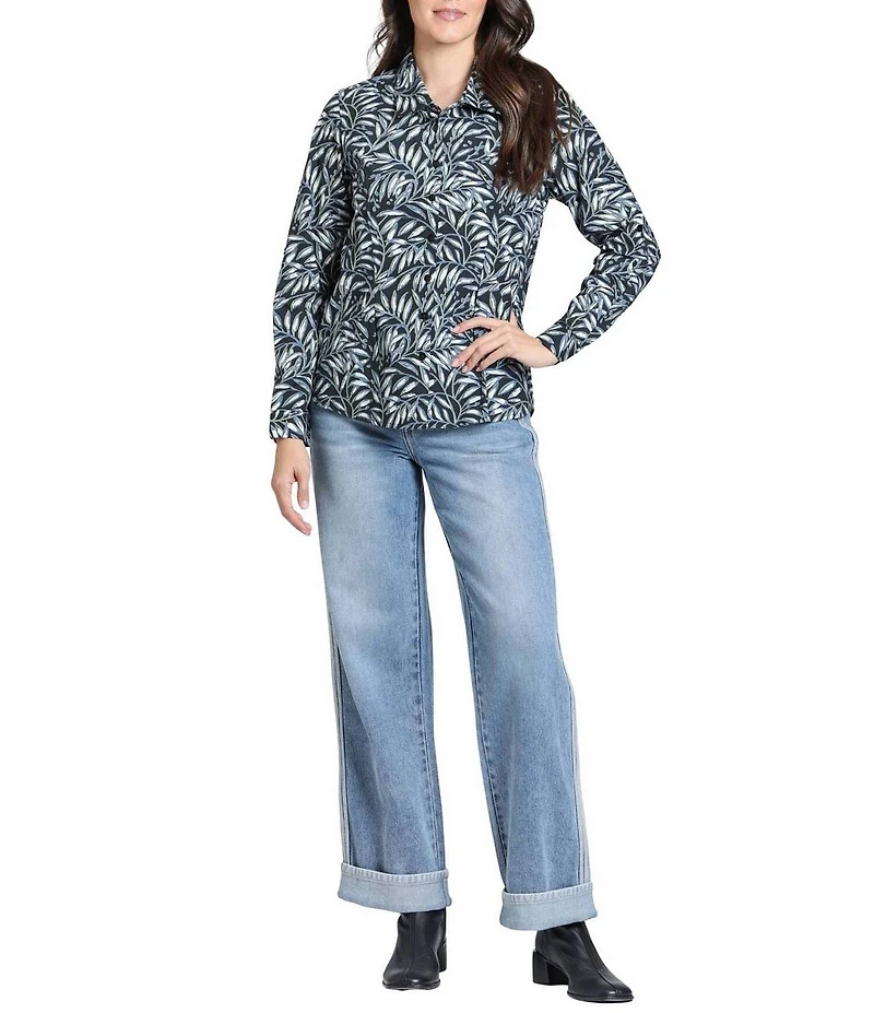 APNY Lightweight Woven Botanical Leaf Print Point Collar Long Sleeve Button-Up Shirt