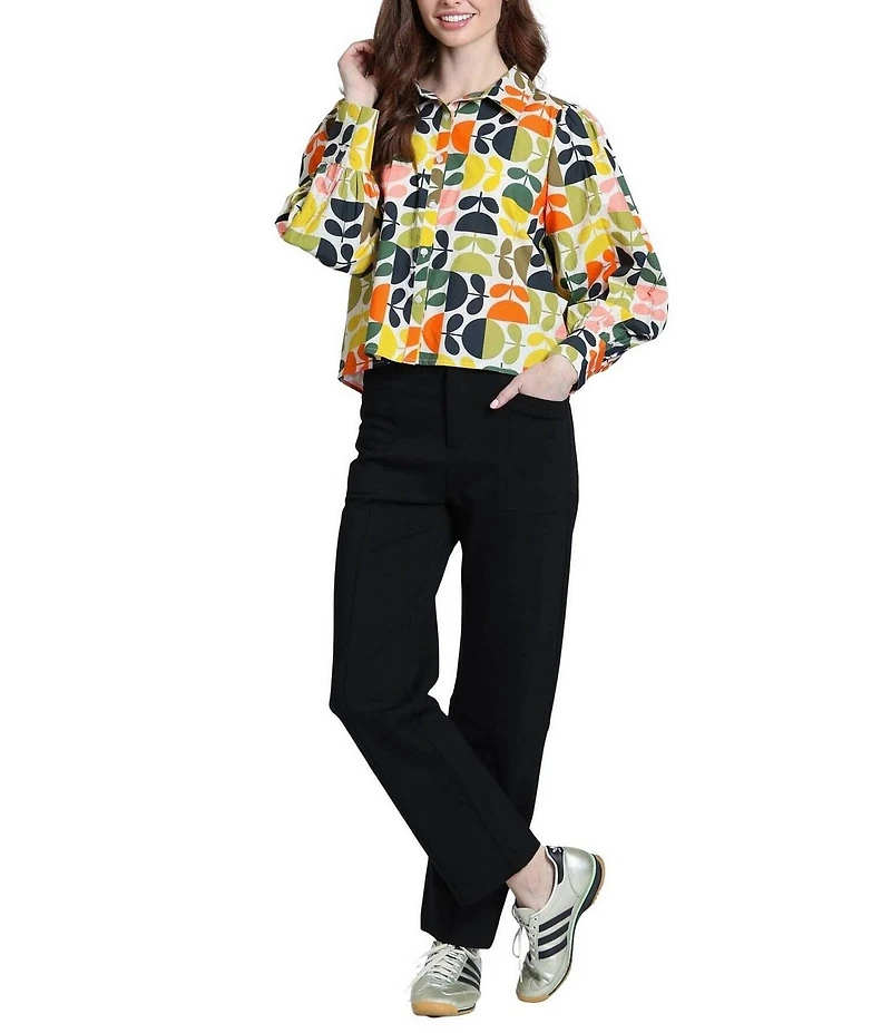 APNY Lightweight Woven Geometric Floral Print Point Collar Long Sleeve Shirt