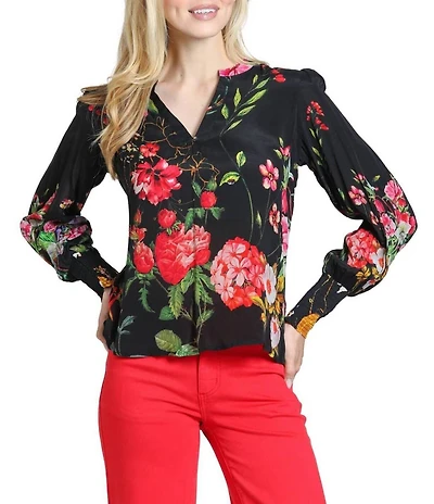 APNY Lightweight Woven Multicolor Black Floral Print Split V-Neck Long Sleeve Blouse