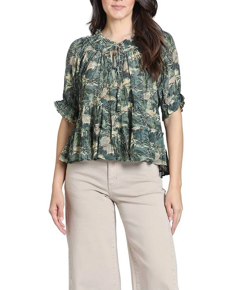 APNY Lightweight Woven Nature Inspired Print Round Neck Short Sleeve Peasant Blouse
