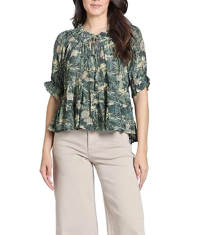 APNY Lightweight Woven Nature Inspired Print Round Neck Short Sleeve Peasant Blouse