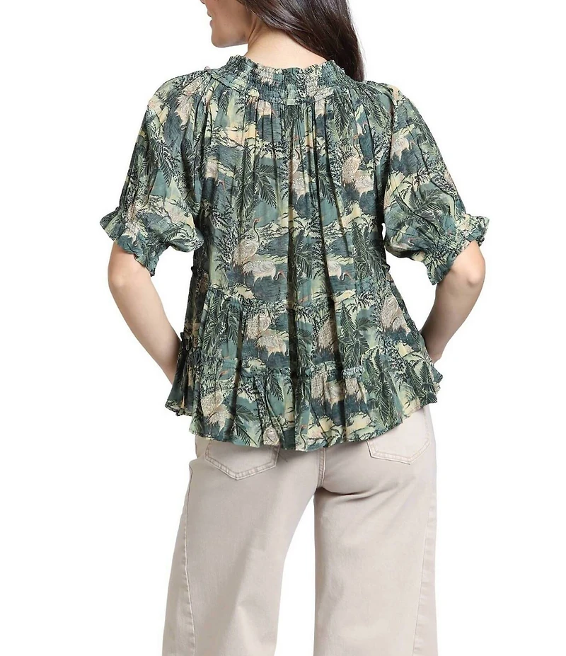 APNY Lightweight Woven Nature Inspired Print Round Neck Short Sleeve Peasant Blouse