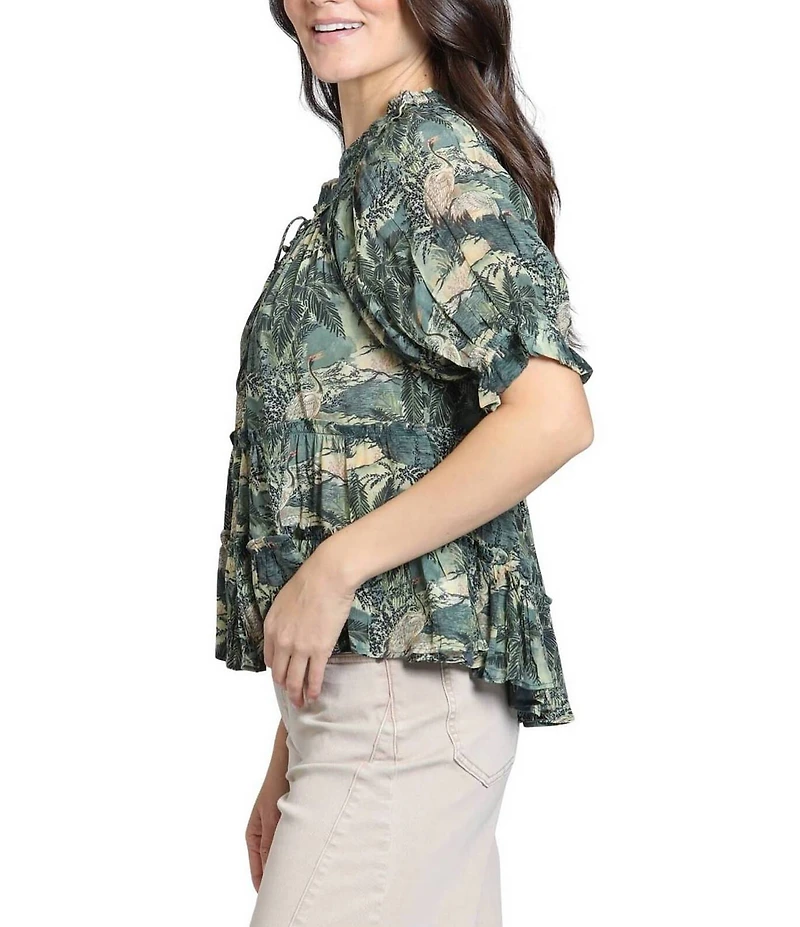 APNY Lightweight Woven Nature Inspired Print Round Neck Short Sleeve Peasant Blouse