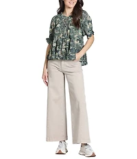 APNY Lightweight Woven Nature Inspired Print Round Neck Short Sleeve Peasant Blouse