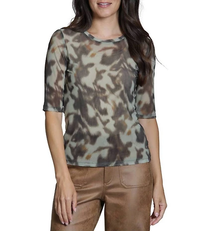 APNY Mesh Knit Animal Print Round Neck 3/4 Sleeve Top