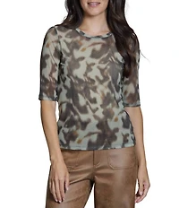 APNY Mesh Knit Animal Print Round Neck 3/4 Sleeve Top