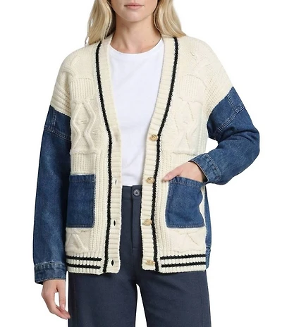 APNY Mix Media Cable Knit And Denim V-Neck Long Sleeve Button Front Cardigan