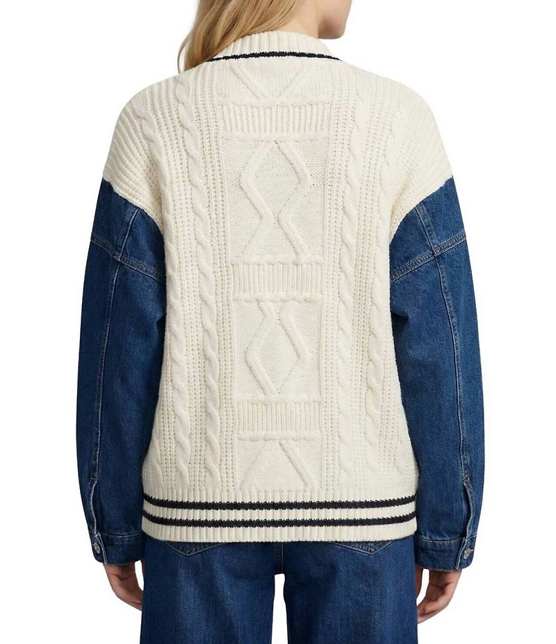 APNY Mix Media Cable Knit And Denim V-Neck Long Sleeve Button Front Cardigan