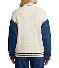 APNY Mix Media Cable Knit And Denim V-Neck Long Sleeve Button Front Cardigan