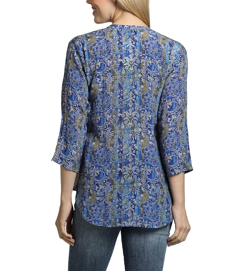 APNY Paisley Mandarin Collar 3/4 Sleeve Button Front Top