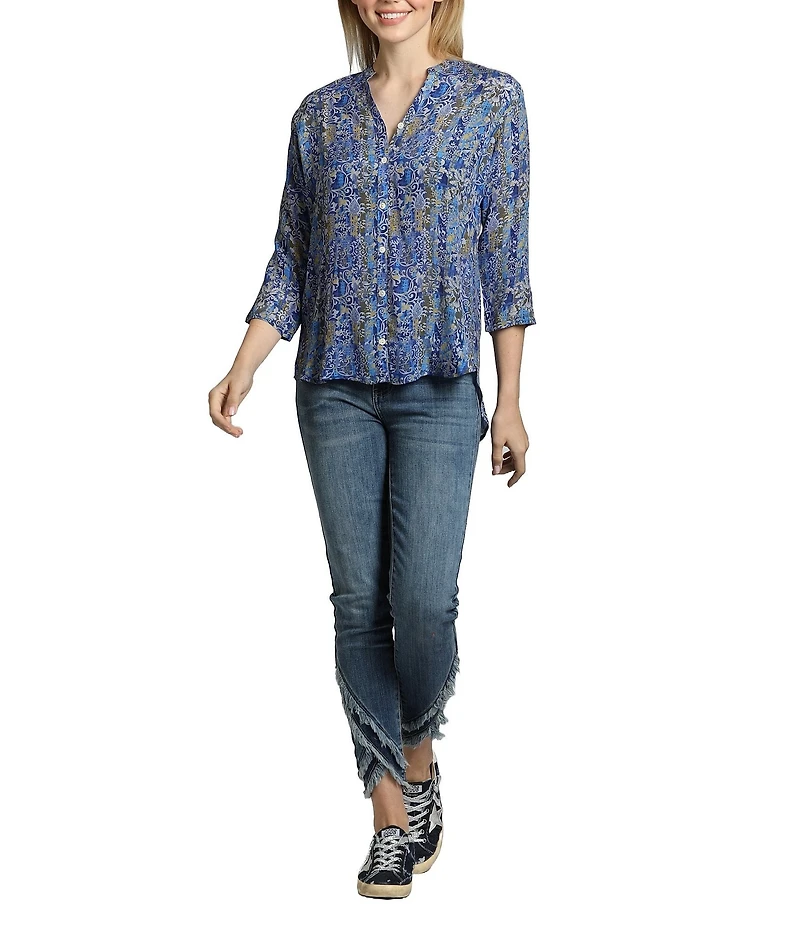 APNY Paisley Mandarin Collar 3/4 Sleeve Button Front Top