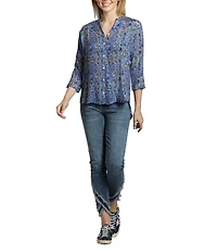 APNY Paisley Mandarin Collar 3/4 Sleeve Button Front Top