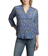 APNY Paisley Mandarin Collar 3/4 Sleeve Button Front Top