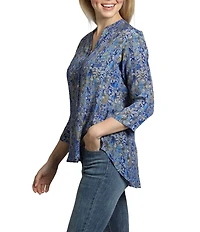 APNY Paisley Mandarin Collar 3/4 Sleeve Button Front Top