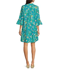 APNY Print Cutaway Collar 3/4 Sleeve Tiered Tunic Dress