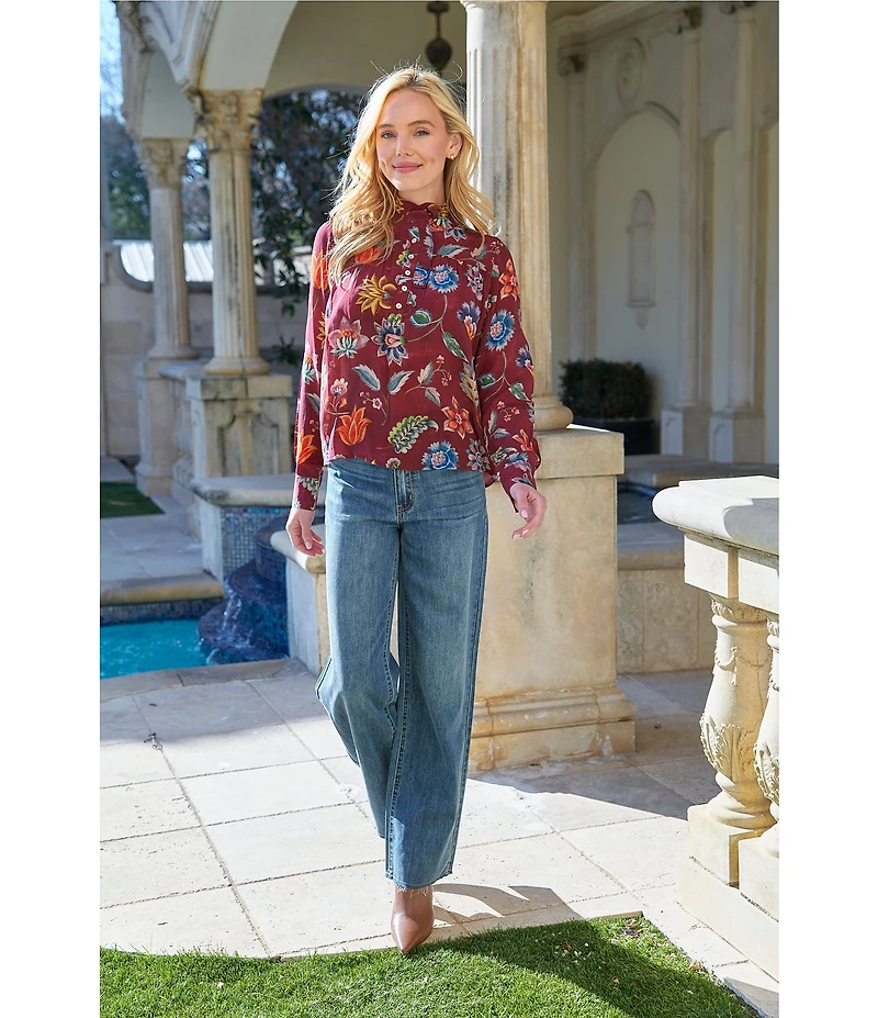 APNY Print Woven Floral Print Stand Collar Long Sleeve Blouse