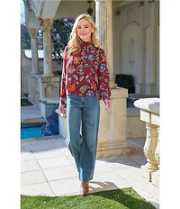 APNY Print Woven Floral Print Stand Collar Long Sleeve Blouse