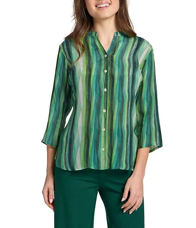 APNY Print Woven Mandarin Collar 3/4 Sleeve Button Down Shirt