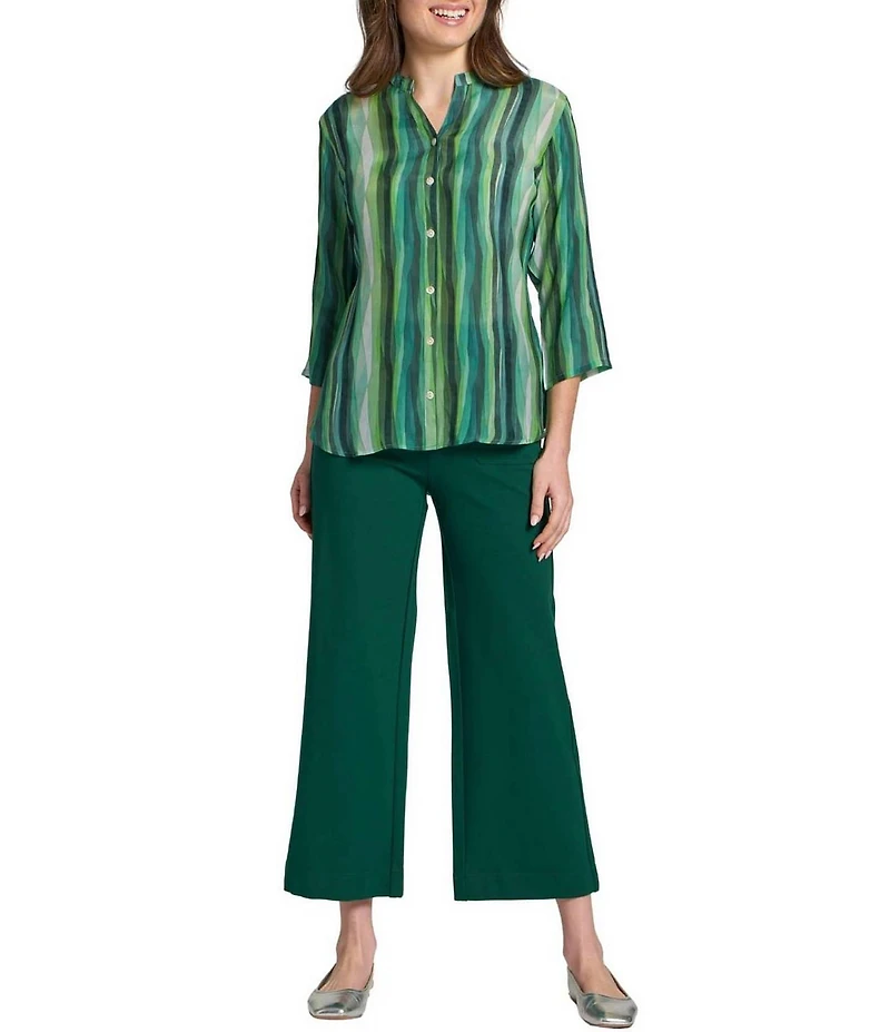 APNY Print Woven Mandarin Collar 3/4 Sleeve Button Down Shirt