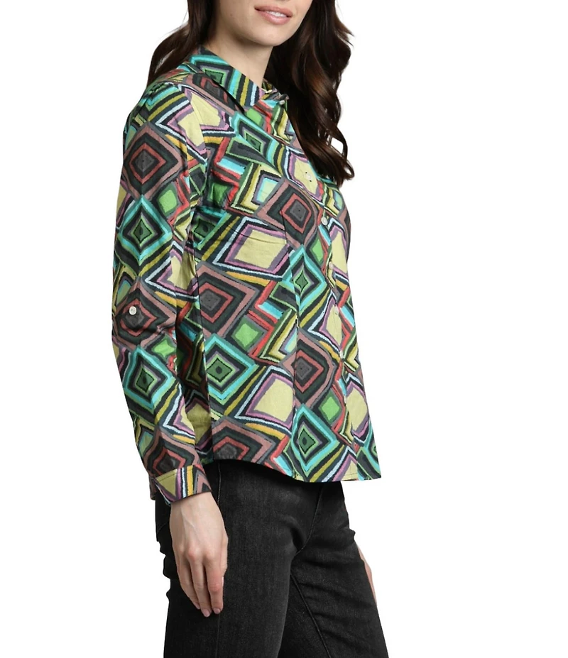 APNY Printed Collared Long Sleeve Button Up Top