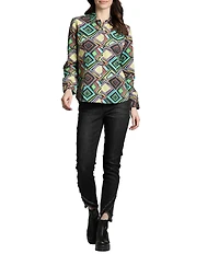 APNY Printed Collared Long Sleeve Button Up Top
