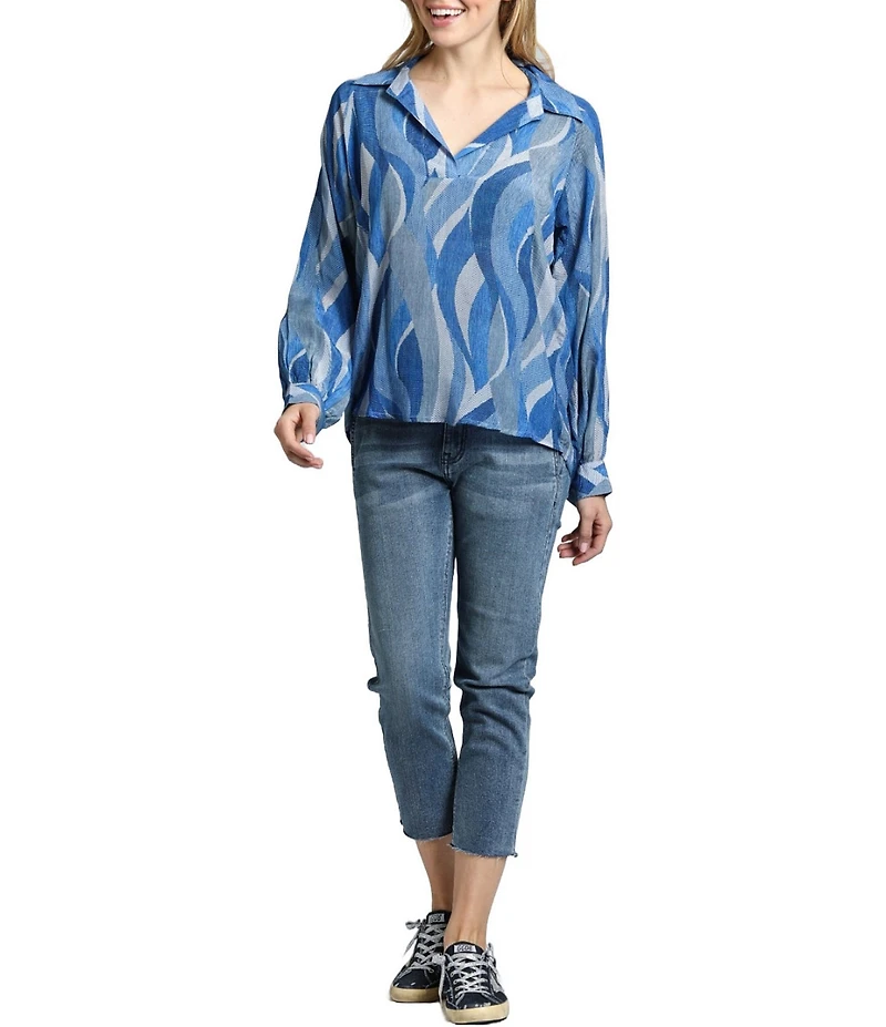 APNY Printed Collared V-Neck Long Sleeve Blouse
