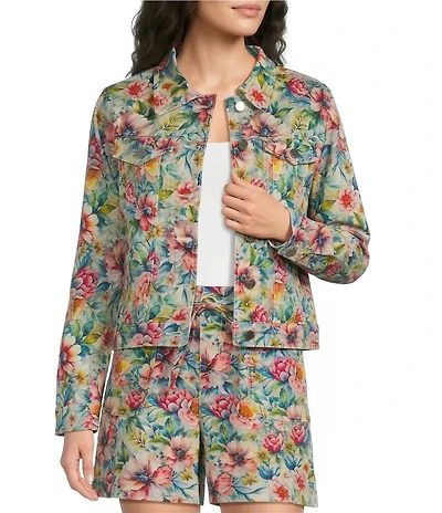 APNY Printed Denim Point Collar Long Sleeve Coordinating Jacket