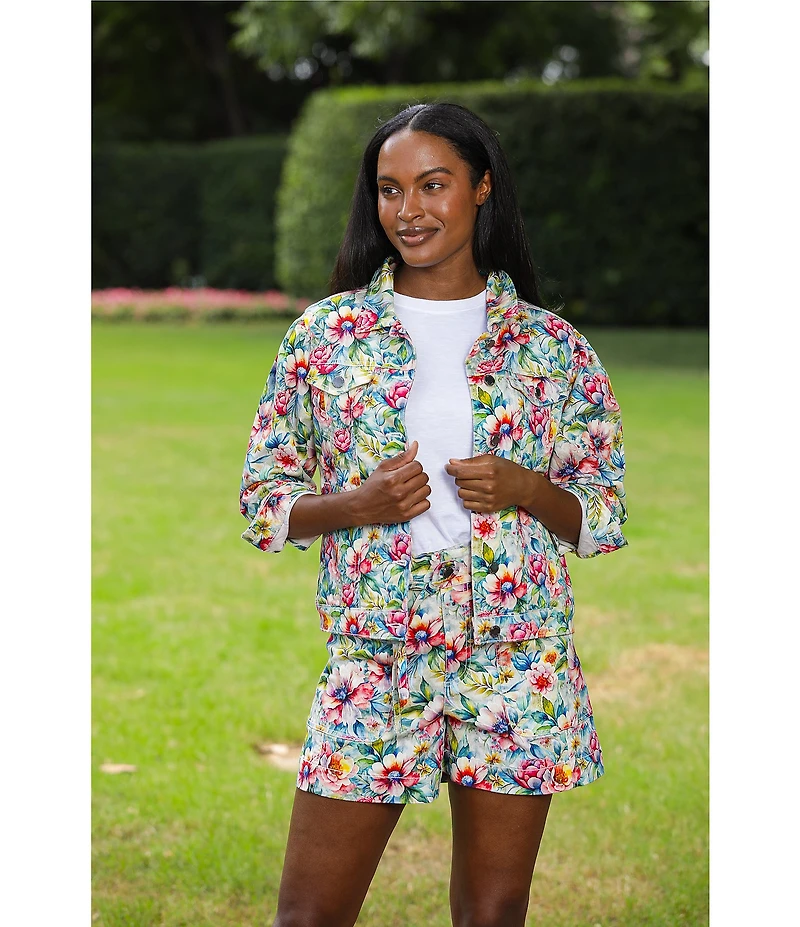 APNY Printed Denim Point Collar Long Sleeve Coordinating Jacket