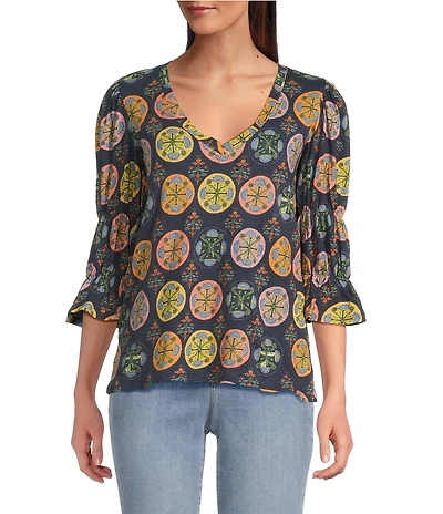 APNY Printed Knit V-Neck 3/4 Sleeve Blouse