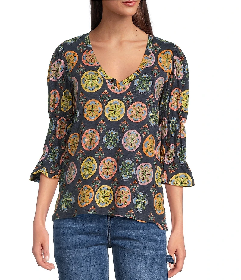 APNY Printed Knit V-Neck 3/4 Sleeve Blouse
