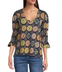 APNY Printed Knit V-Neck 3/4 Sleeve Blouse