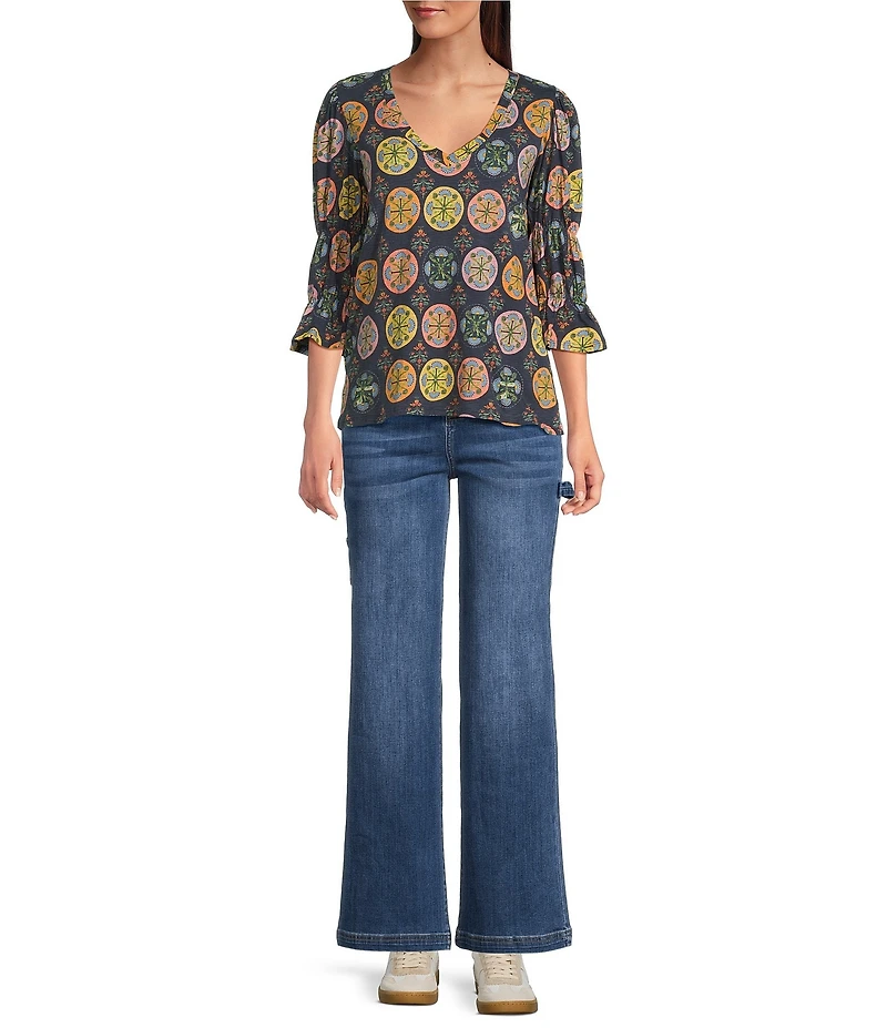 APNY Printed Knit V-Neck 3/4 Sleeve Blouse