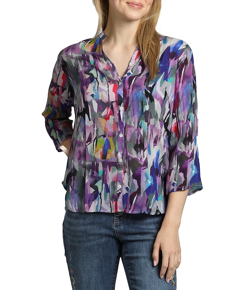 APNY Printed Split V-Neckline 3/4 Sleeve Blouse