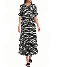 APNY Printed Round Neck Short Sleeve Tiered A-Line Dress