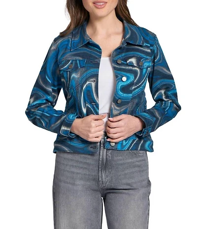 APNY Printed Stretch Denim Spread Collar Long Sleeve Jacket