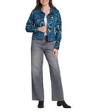 APNY Printed Stretch Denim Spread Collar Long Sleeve Jacket