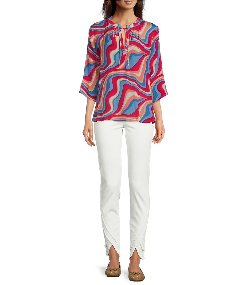 APNY Printed Tassel V-Neck 3/4 Sleeve Blouse
