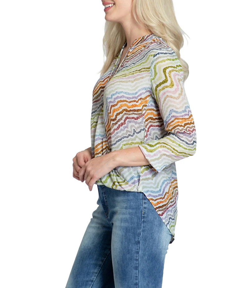 APNY Wavy Diagonal Printed V-Neck 3/4 Sleeve Crossover Top