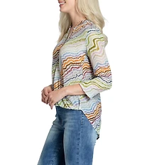 APNY Wavy Diagonal Printed V-Neck 3/4 Sleeve Crossover Top