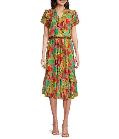 APNY Printed V-Neck Short Sleeve Smocked A-Line Midi Dress