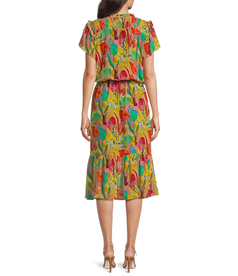 APNY Printed V-Neck Short Sleeve Smocked A-Line Midi Dress