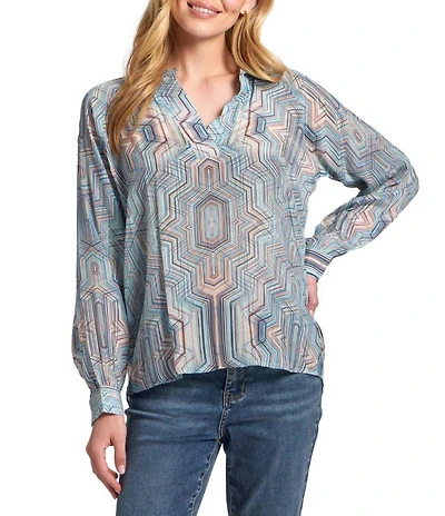 APNY Printed Woven V-Neck Long Sleeve Blouse