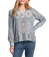 APNY Printed Woven V-Neck Long Sleeve Blouse