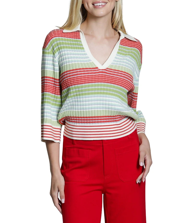 APNY Ribbed Knit V-Neck 3/4 Sleeve Stripe Polo Top