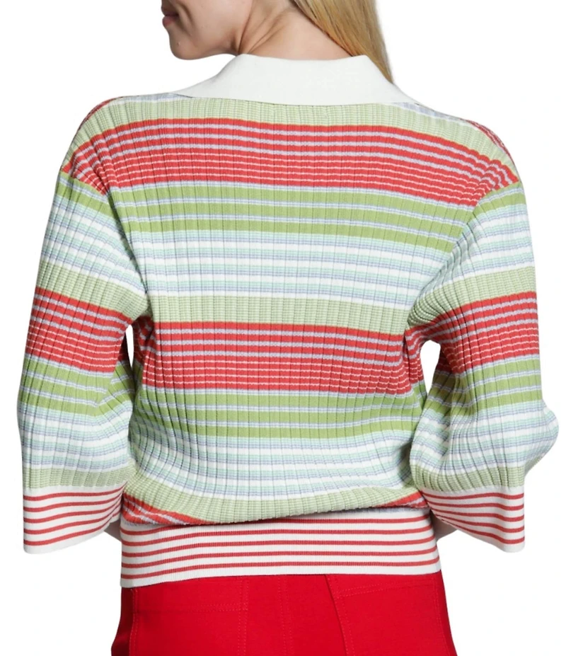APNY Ribbed Knit V-Neck 3/4 Sleeve Stripe Polo Top