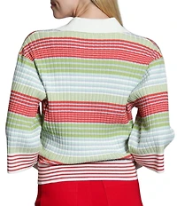 APNY Ribbed Knit V-Neck 3/4 Sleeve Stripe Polo Top