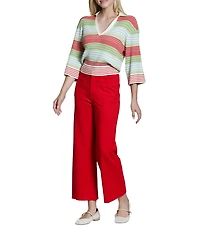 APNY Ribbed Knit V-Neck 3/4 Sleeve Stripe Polo Top
